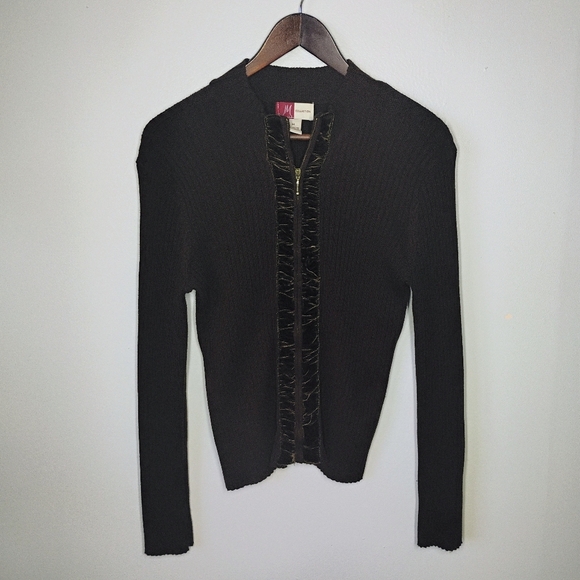 JM Collection Brown Ribbed Knit Velvet Zip Up Cardigan Sweater Size Medium - Picture 10 of 10